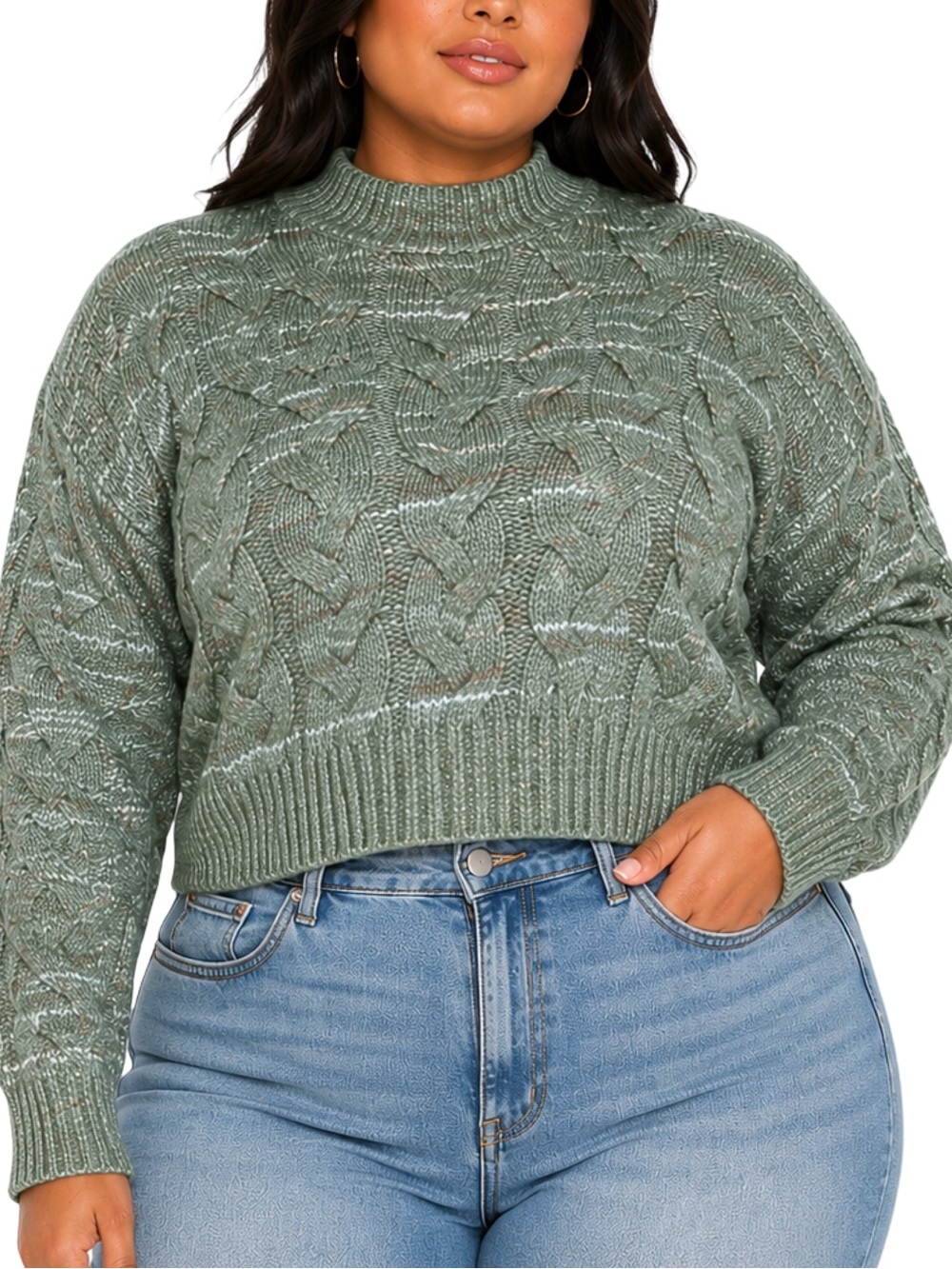 a.n.a. Cable Knit Cropped Mock Neck Sweater XXL Sage Green NWT